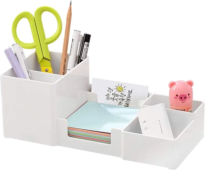 Xacton Desk Organizer Pencil Holders,Sticky Note,Paperclip Storage I Multi-Functional Office Table Accessories I Stand For Home/Office I 6 Compartment,Plastic Acrylonitrile Butadiene Styrene - White