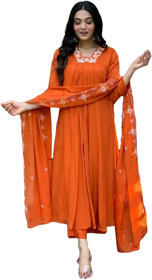 GoSriKi Women's Rayon Blend Anarkali Thread Work Kurta with Pant & Dupatta