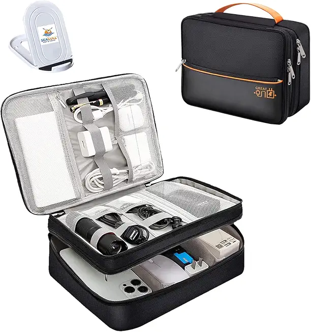 Seagull flight of fashion Nylon Double Layer Electronic Gadget Organizer Case, Cable Organizer Professional Bag For Accessories With Mobile Stand - 27 X 20 X 9 Cm - Black - Model 2