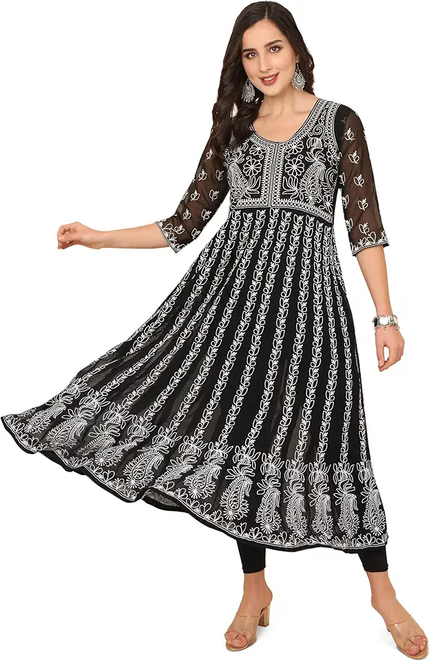 EthnicJunction Women's Georgette Regular Fit Anarkali Chikankari Embroidered Eid Special Kurta | Eid Outfits