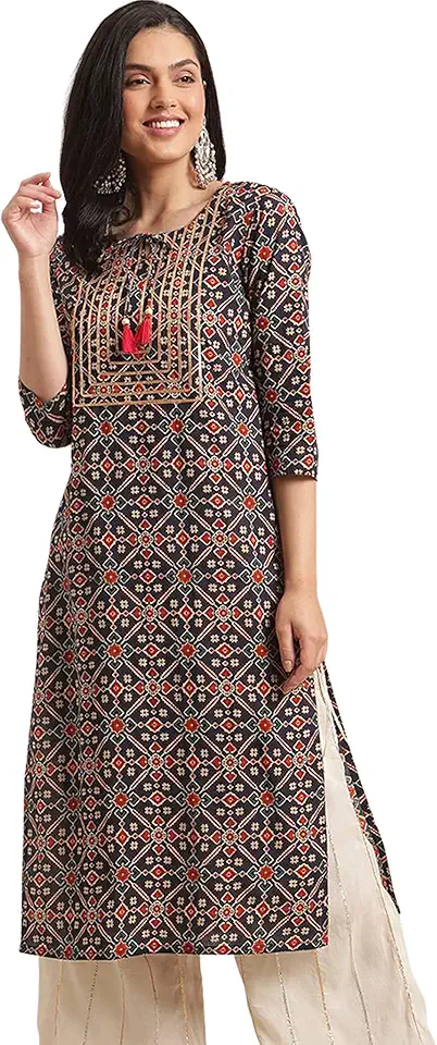 rytras Women's Cotton Straight Fit Printed Straight Kurta
