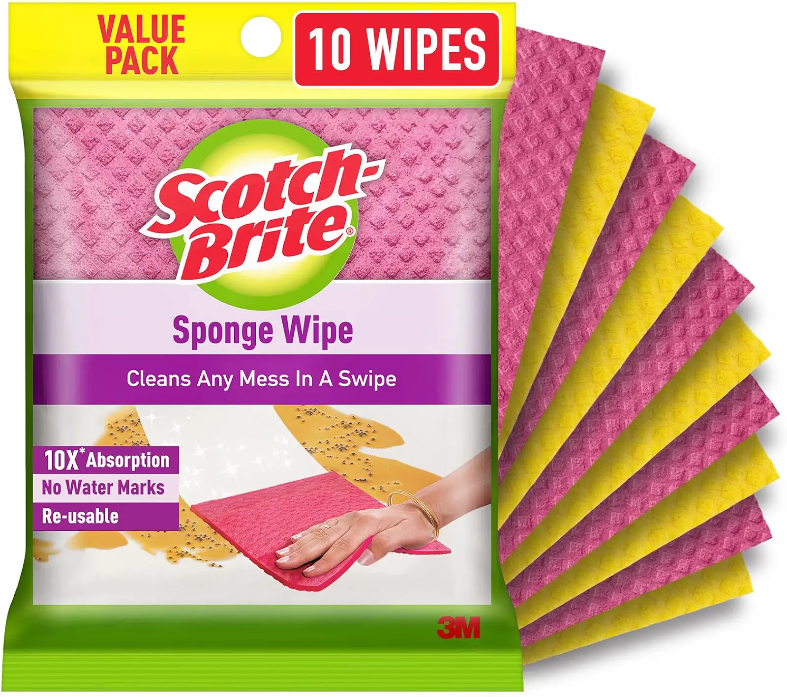 Scotch-Brite Sponge Wipes- Reusable, Kitchen and House Cleaning- Easy to use, Cleans any mess in a swipe, Absorbs water its own 10x weight, Multi- color, Biodegradable (pack of 10)